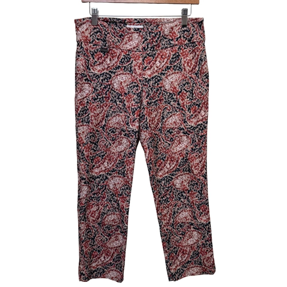 Peck & Peck Womens Pant 10 Red Paisley Ankle Pullon Stretch Trouser Classic